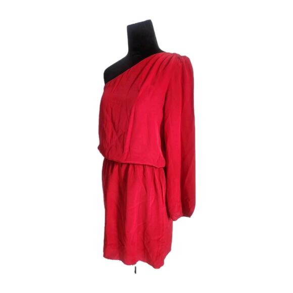 Mason Women's Size 2 One Shoulder Ruched Elastic Waist Silk Mini Dress Red - Picture 2 of 13